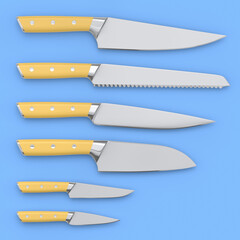 Set of chef's kitchen knives with a wooden handle isolated on blue background.