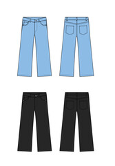Wide jeans pants vector template illustration set