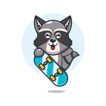 cute raccoon mascot cartoon character with skateboard