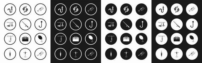 Set Fishing line with hook and float, rod, under water fish, worm, spoon and icon. Vector