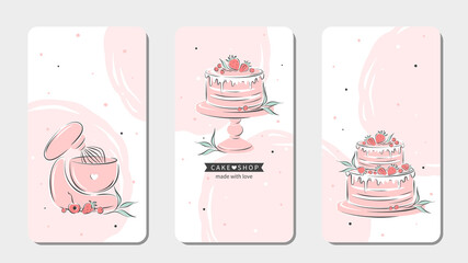 Set of design sample for pastry and bread shop. Cake shop logo. Planetary stationary dough mixer, cakes and berries. Vector illustration