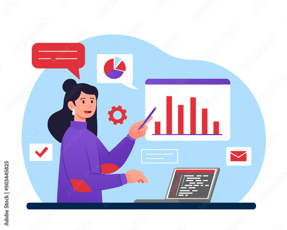 Poster concept of analyze. woman pointer points to graphs and charts. working with statistics and evaluatin
