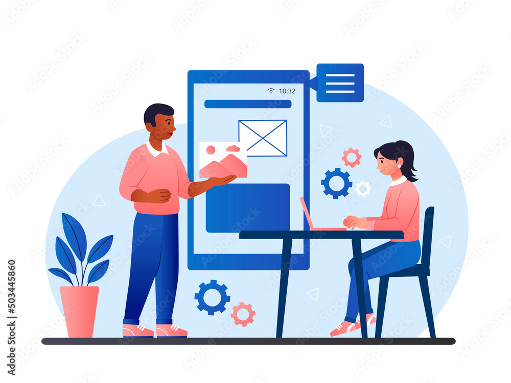 Poster app development concept. man and girl analyze image and improve program interface. designers and pro