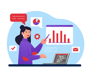 Concept of analyze. Woman pointer points to graphs and charts. Working with statistics and evaluating information and data. Modern methods of company development. Cartoon flat vector illustration