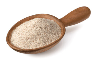 Raw rye flour in the wooden spoon, isolated on white background.