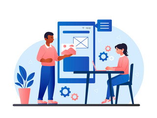 App development concept. Man and girl analyze image and improve program interface. Designers and programmers in office, partnership and coworking, innovation. Cartoon flat vector illustration