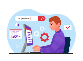 Browsing online concept. Young guy sitting at computer, modern technology and digital world. Searching for information on Internet. Character enters website address. Cartoon flat vector illustration