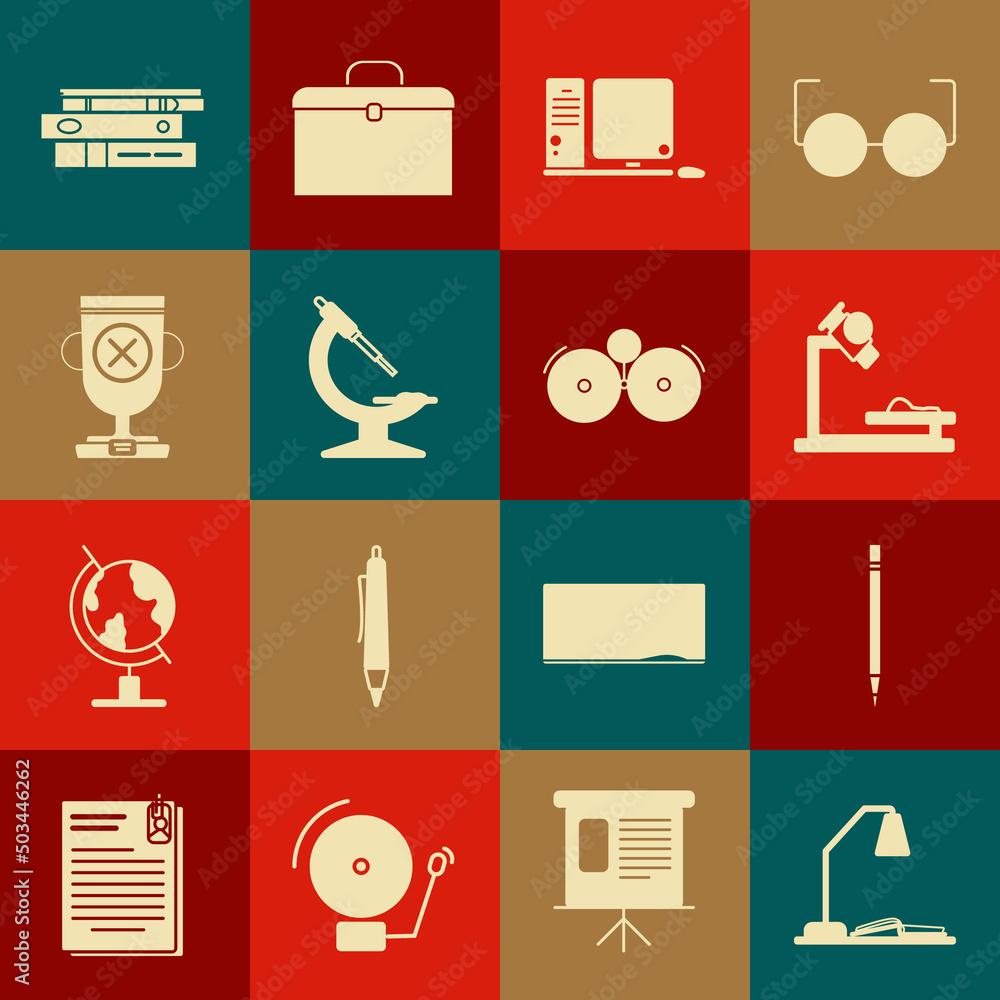 Poster set workplace with table lamp and open book, pencil eraser, microscope, computer monitor keyboard mo