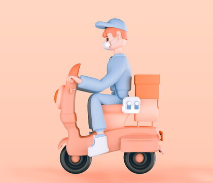 3d Render Home Delivery , Rider Delivery Man In Medical Mask , Parcel Box, Fast Delivery By Motorcycle Mockup Image