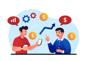 Communication of investors. Guys discuss growing charts, financial literacy and passive income. Characters make deal, partnership for organization development. Cartoon flat vector illustration