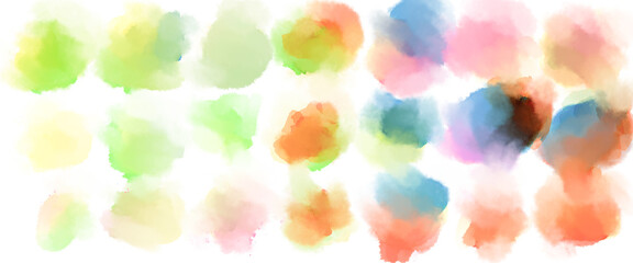 Big watercolor set of abstract spots. Seasonal colored circles for wedding card. Green, blue, pink and brown shades with texture paper. Warm and cold palette. Template for decor. Isolated illustration
