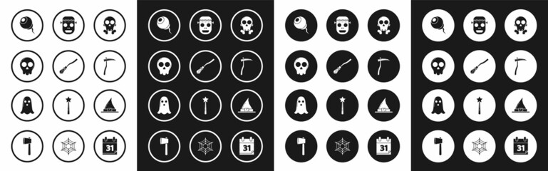 Set Skull on crossbones, Witches broom, Eye, Scythe, Zombie mask, hat and Ghost icon. Vector
