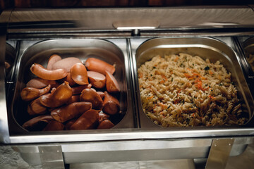 buffet food, catering food party at restaurant, mini canapes, snacks and appetizers