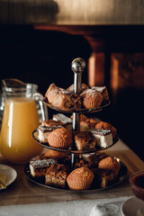 buffet food, catering food party at restaurant, mini canapes, snacks and appetizers