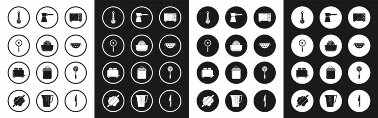 Set Microwave oven, Citrus fruit juicer, Frying pan, Pizza knife, Kitchen colander, Coffee turk, Spatula and Toaster with toasts icon. Vector