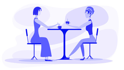 girls coffee tea woman cafe person sitting on chair blue illustration rest relax