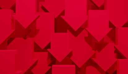 赤い背景にたくさんの赤い下矢印の図形。値下げのイメージ画像。