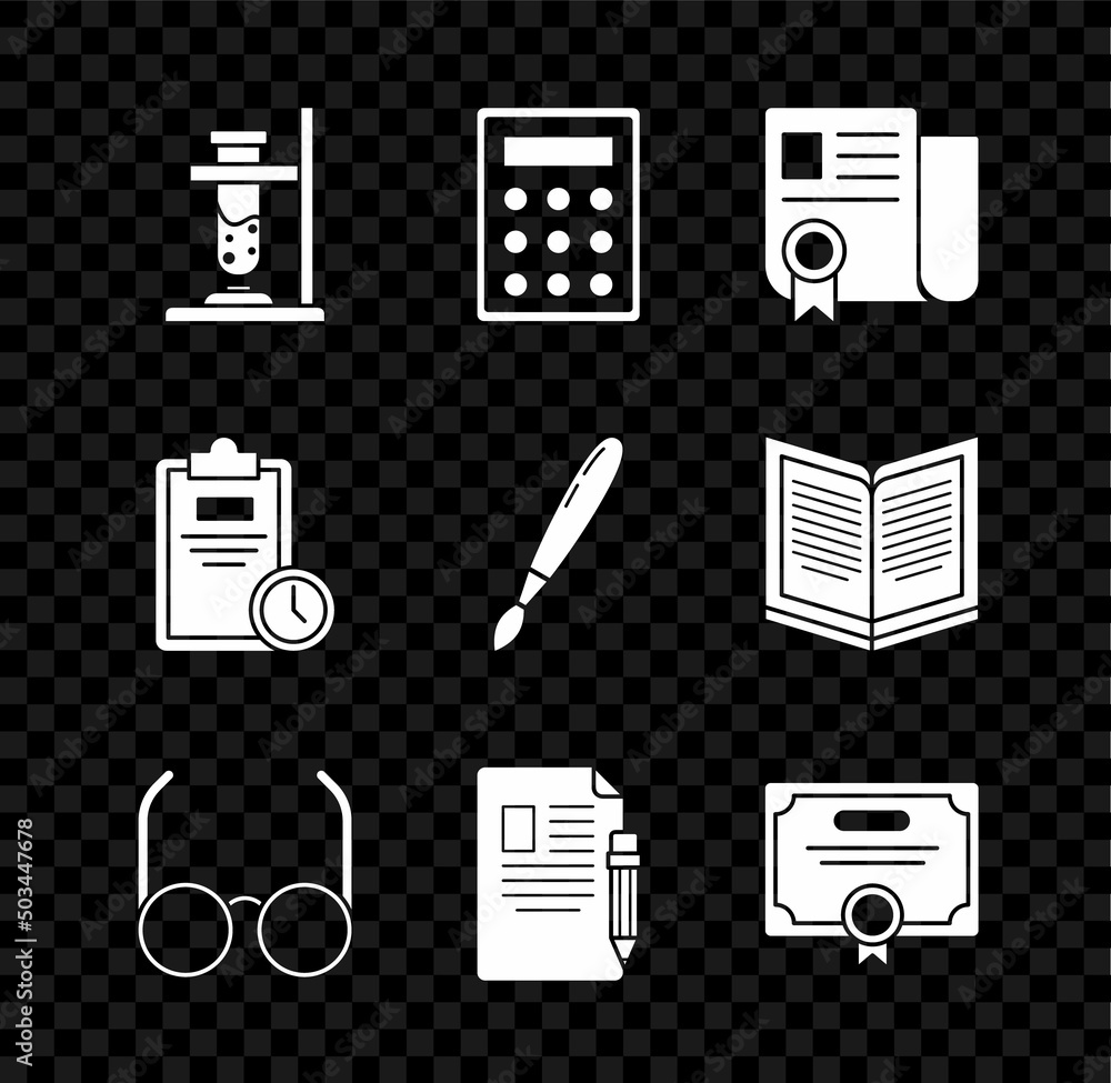 Sticker Set Glass test tube flask on fire, Calculator, Certificate template, Glasses, Exam sheet and pencil with eraser, clock and Paint brush icon. Vector