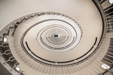 Architectural abstract, a spiral staircase upward, in the Premier Inn London Blackfriars