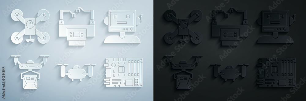 Poster set drone flying with action camera, robot, delivery concept, electronic computer components motherb