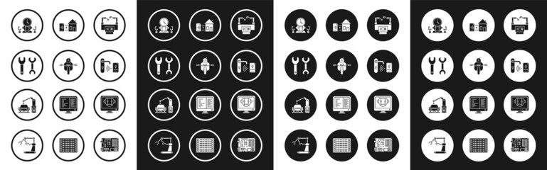 Set Assembly line, Robot, Spanner, and digital time manager, Digital door lock with wireless technology for unlock, Smart home, Bot and Industrial machine robotic robot arm hand icon. Vector