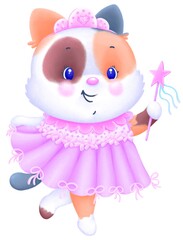 A little cute kitten like a princess in a beautiful dress, diadem and with a magic wand. Digital drawing, illustration.