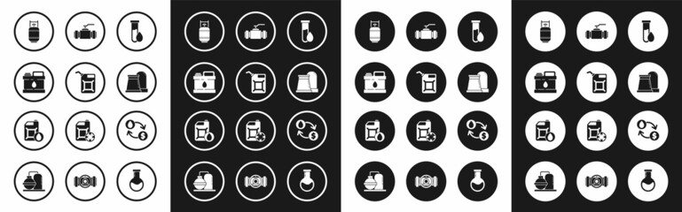 Set Oil petrol test tube, Canister for gasoline, motor machine oil, Propane tank, and industrial factory building, Industry metallic pipes valve, exchange, water transfer, convert and icon. Vector