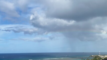 Long rainbow with dramatic clouds over the waikiki beach oahu Island, Hawaii year 2022