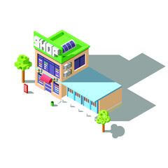 Abstract Isometric 3D Shop Building House With Trees, Urn, Vector Design Style Urban