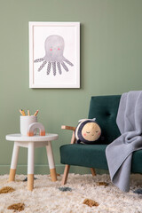 Creative composition of stylish and cozy child room interior design with poster, plush toys, carpet, bottle green sofa with grey plaid, stool with accessories. Mock up. Template.