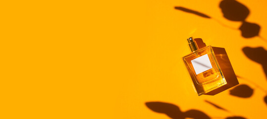 Transparent bottle of perfume on an orange background. Fragrance presentation with daylight. Trending concept in natural materials with plant shadow. Women's and men's essence.