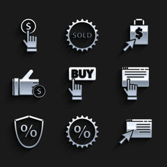 Set Buy button, Discount percent tag, Online shopping screen, Loan, Hand holding coin, Shoping bag dollar and icon. Vector