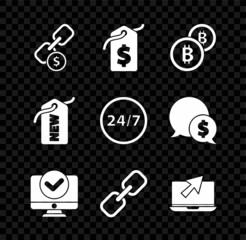 Set Chain link and coin, Price tag with dollar, Cryptocurrency Bitcoin, Computer monitor, Laptop cursor, New and Clock 24 hours icon. Vector