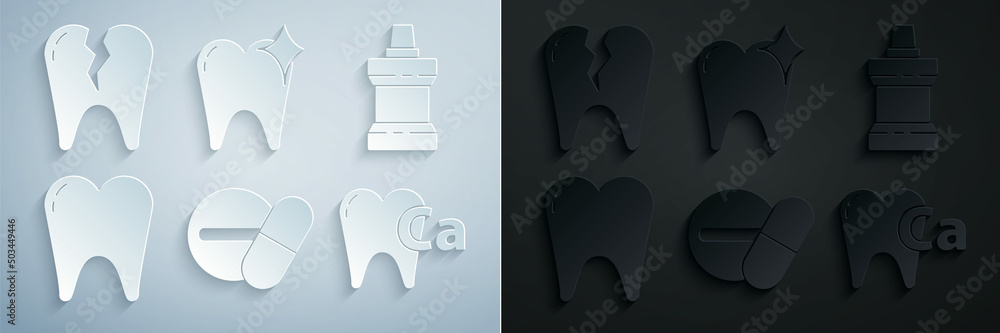 Sticker Set Medicine pill or tablet, Mouthwash plastic bottle, Tooth, Calcium for tooth, whitening concept and Broken icon. Vector