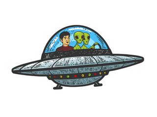 man flies with aliens in UFO flying saucer line art color sketch engraving raster illustration. T-shirt apparel print design. Scratch board imitation. Black and white hand drawn image. © Oleksandr Pokusai