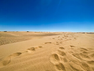 footprints in the sand dunes within the desert