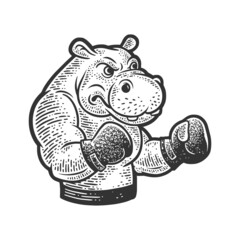 hippopotamus boxer sketch engraving raster illustration. T-shirt apparel print design. Scratch board imitation. Black and white hand drawn image.