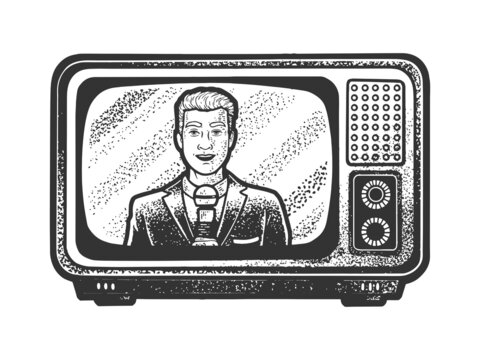 recommend clip art: news presenter announcer broadcaster newscaster in tv sketch engraving raster illustration. T-shirt apparel print design. Scratch board imitation. Black and white hand drawn image.