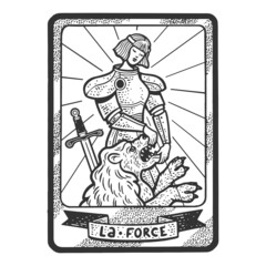 Tarot playing card Force sketch engraving raster illustration. T-shirt apparel print design. Scratch board imitation. Black and white hand drawn image.