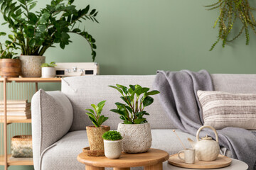 Stylish composition of cozy living room interior with design poster frames, plants, pillow, beige sofa, cube, plaid and personal accessories in green home decor. Template. Plants on chest of drawers.