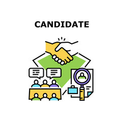 Candidate Cv Vector Icon Concept. Candidate Cv Researching Hr Colleague And Interview With Recruiting Team Department. Human Resource Working And Searching Manager Color Illustration