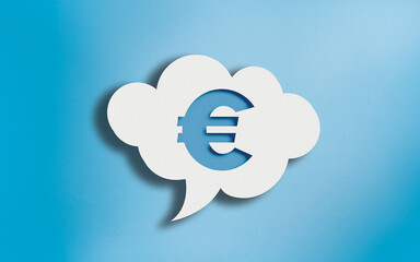 Euro Currency Icon in White Cloud Speech Bubble on Blue