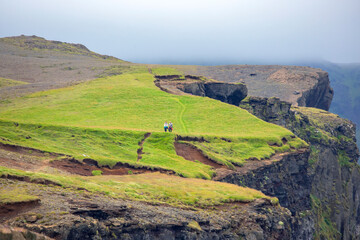Fototapeta na wymiar Two people are walking along the mountain green slope of Iceland. Travel and tourism