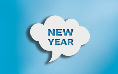 New Year Icon in White Cloud Speech Bubble on Blue