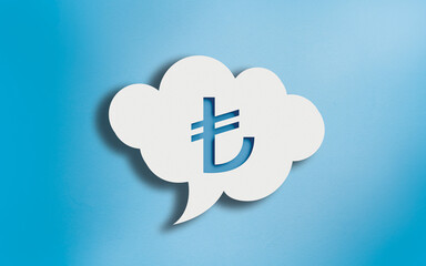 Turkish Lira Icon in White Cloud Speech Bubble on Blue