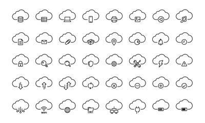 Cloud Icons, Computer cloud, Cloud hosting and Cloud services line icons, Cloud Storage, and Network, and devices Vector icon set