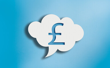 Sterlin Currency Icon in White Cloud Speech Bubble on Blue