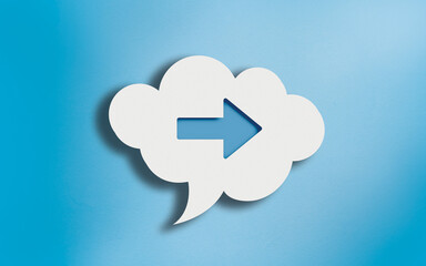 Right Arrow Icon in White Cloud Speech Bubble on Blue