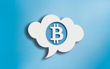 Bitcoin Icon in White Cloud Speech Bubble on Blue