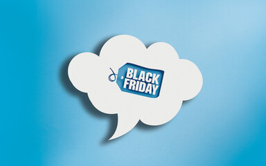 Black Friday Icon in White Cloud Speech Bubble on Blue